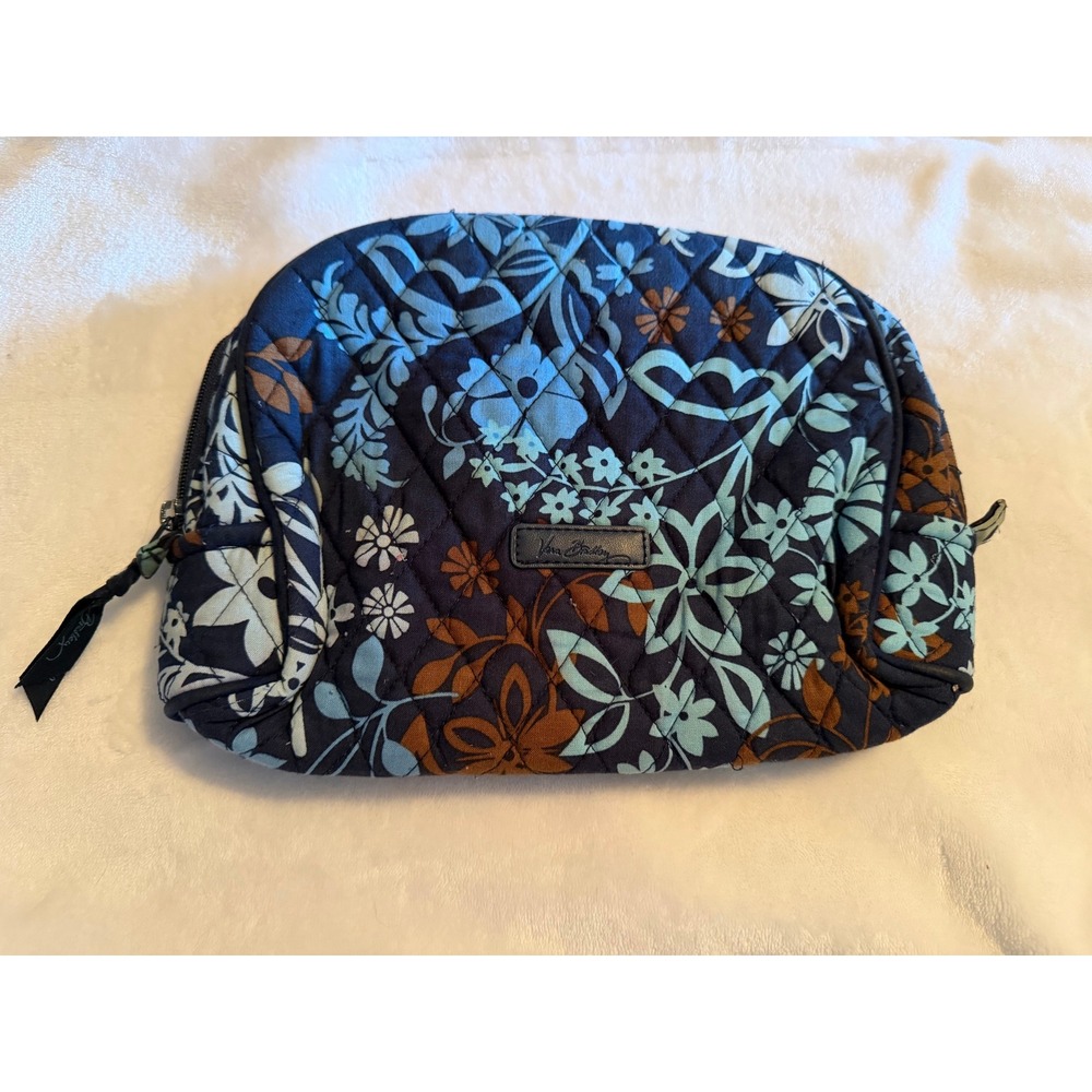 Vera Bradley Blue Brown Floral Quilted Cotton Cosmetic Makeup Bag Travel Pouch